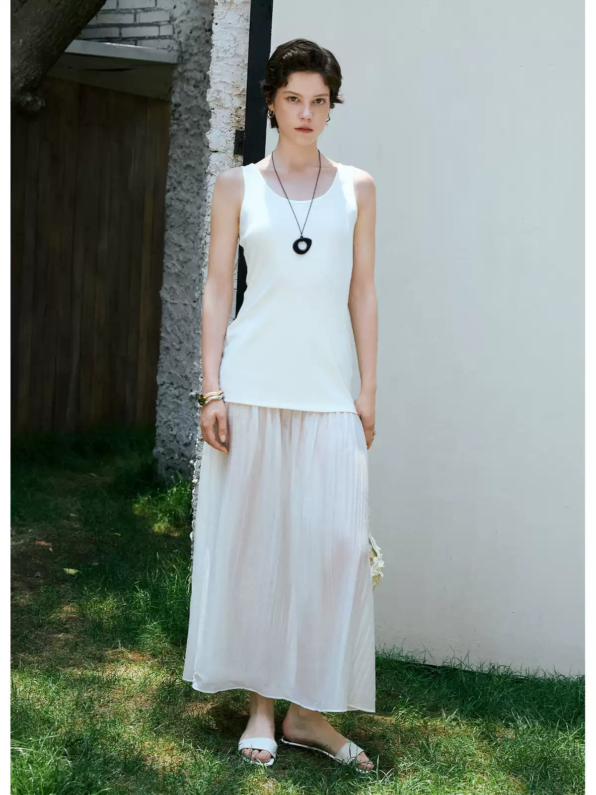 U-Neck Mesh Panel A-Line Slip Dress