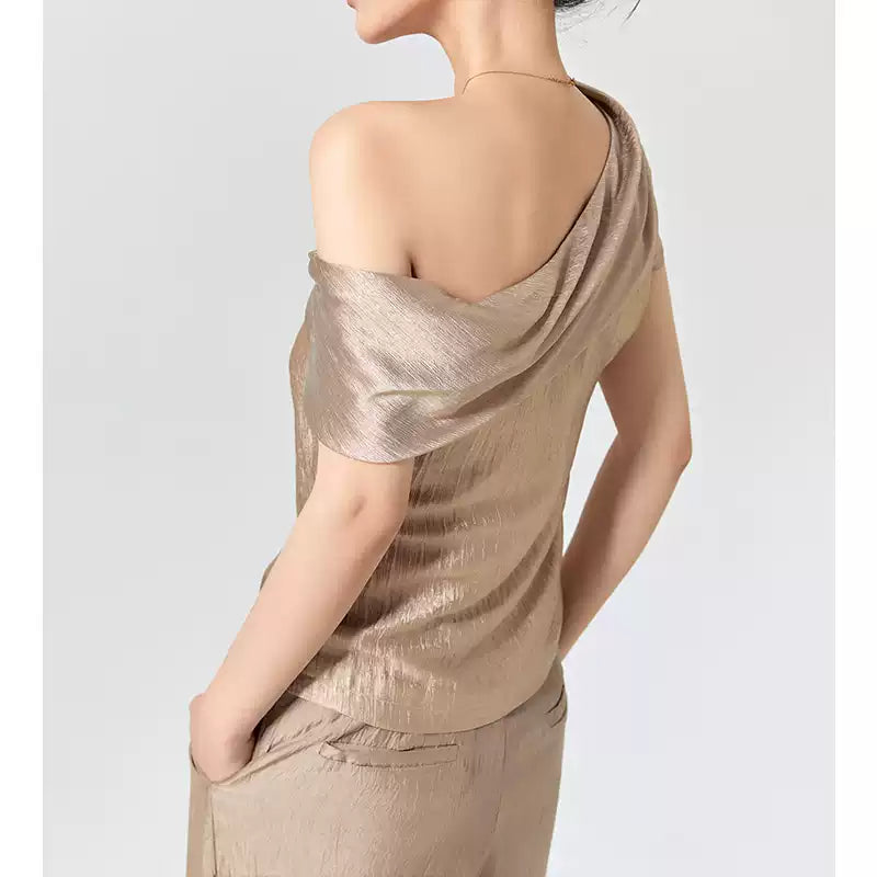 Asymmetric Off Shoulder Acetate Crop Top
