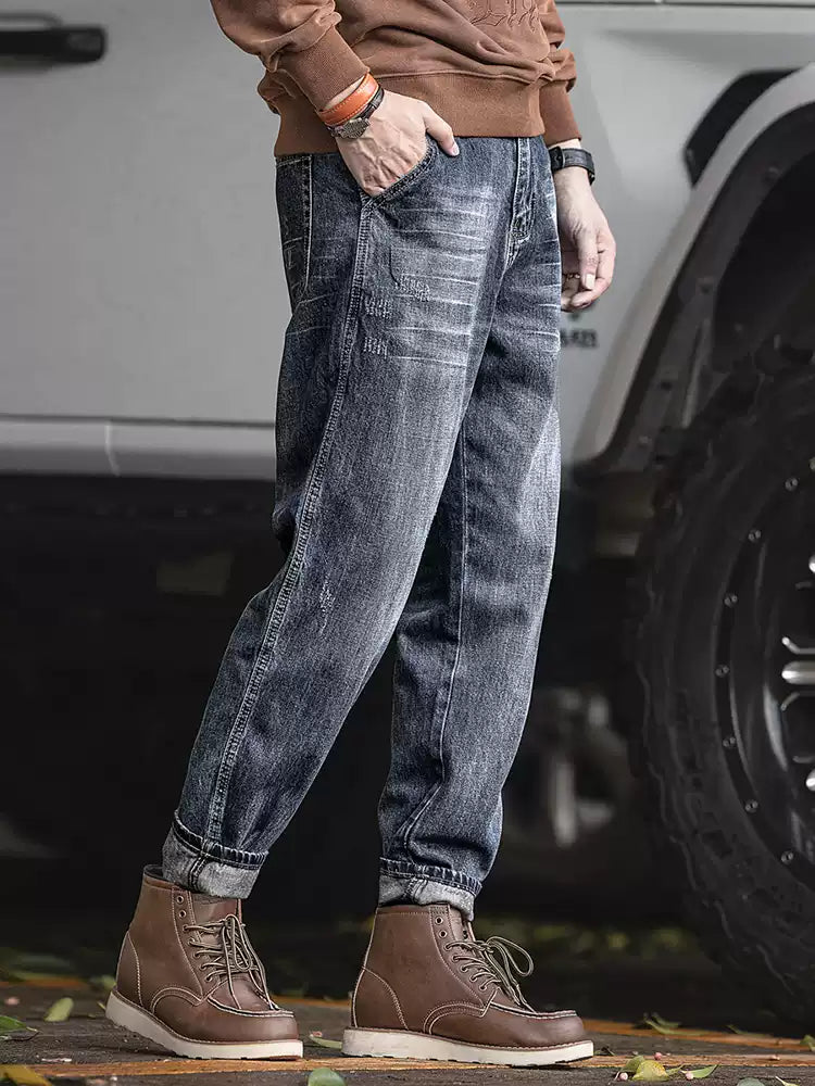 Men's Loose Straight Leg 100% Cotton Vintage Wash Jeans