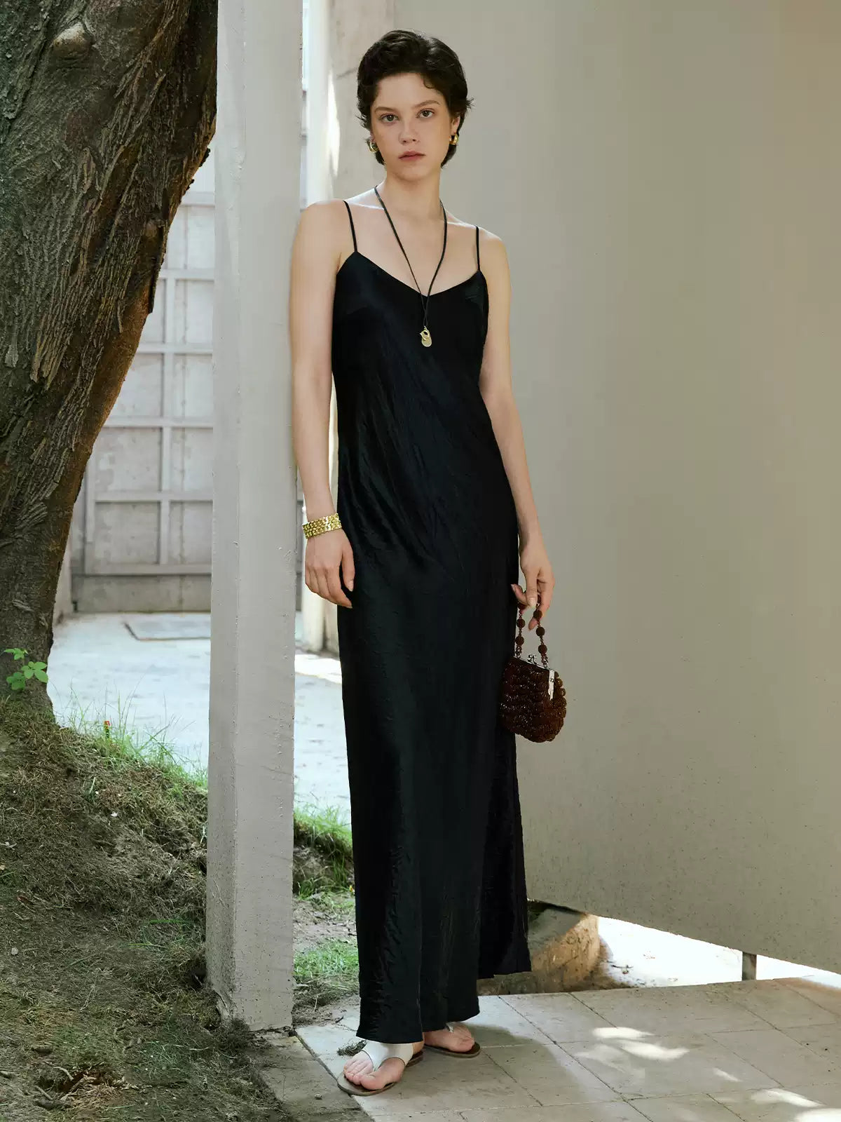 Triacetate V-Neck A-Line Midi Dress