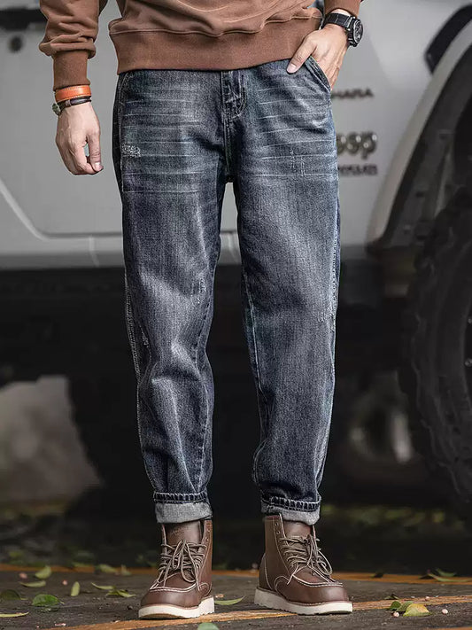 Men's Loose Straight Leg 100% Cotton Vintage Wash Jeans