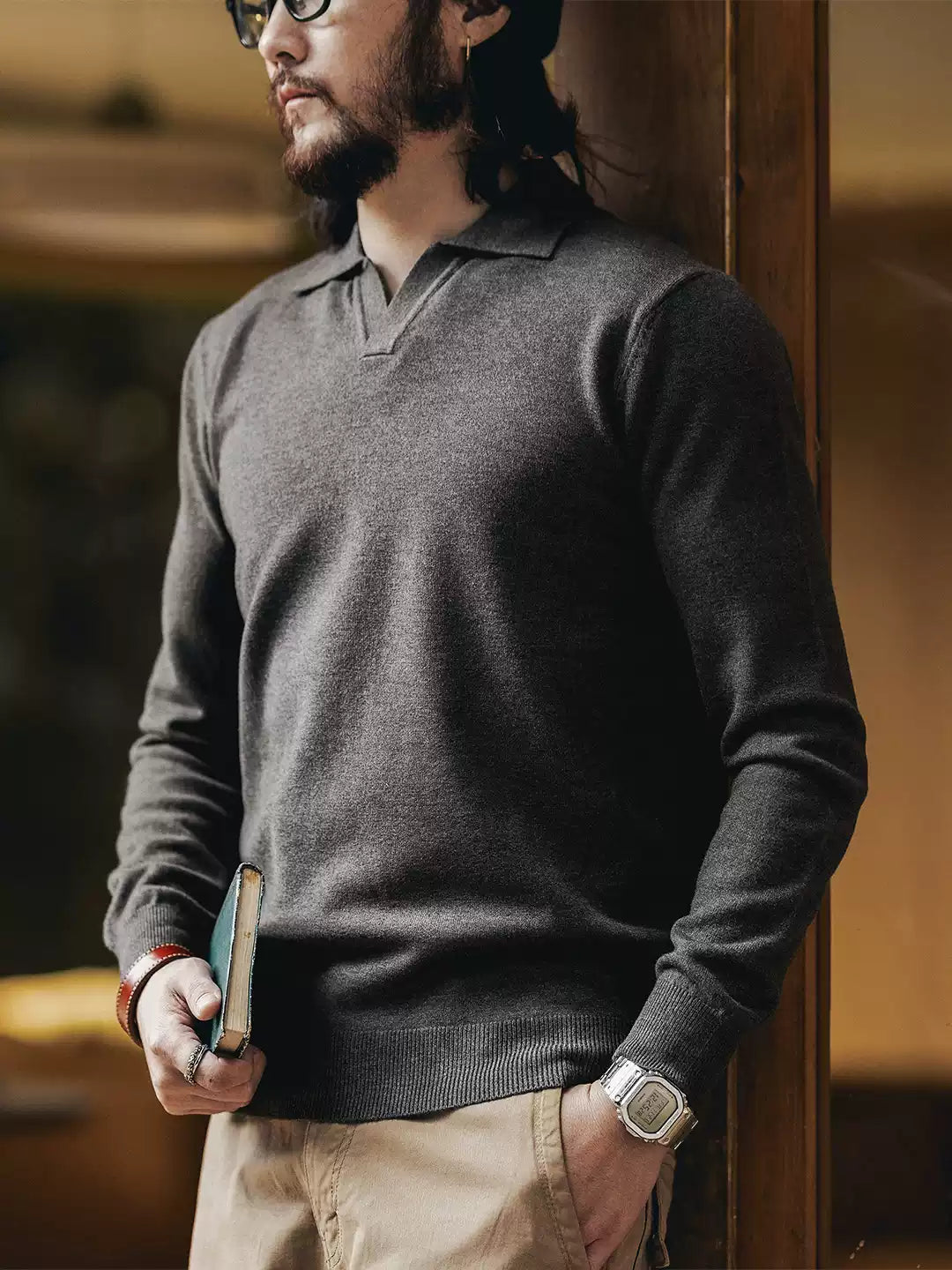 Men's Loose Notch Collar Long Sleeve Knit Sweater