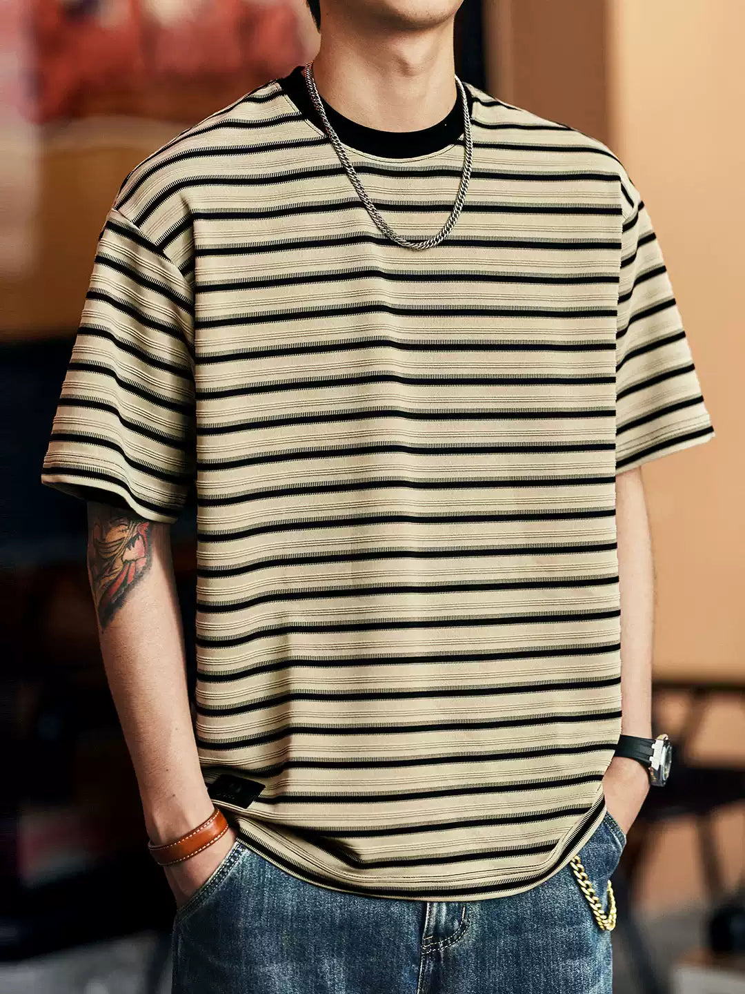 Men's Striped Crew Neck Loose Drop Shoulder T-Shirt