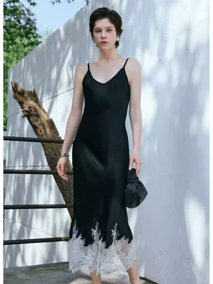 V-Neck Lace Panel Acetate Midi Dress