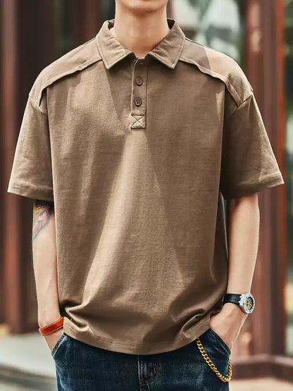 Men's Loose Collared Drop Shoulder Cotton Polo Shirt
