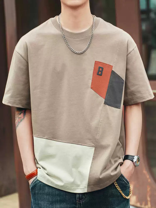 Men's Loose Color Block 100% Cotton Crew Neck T-Shirt