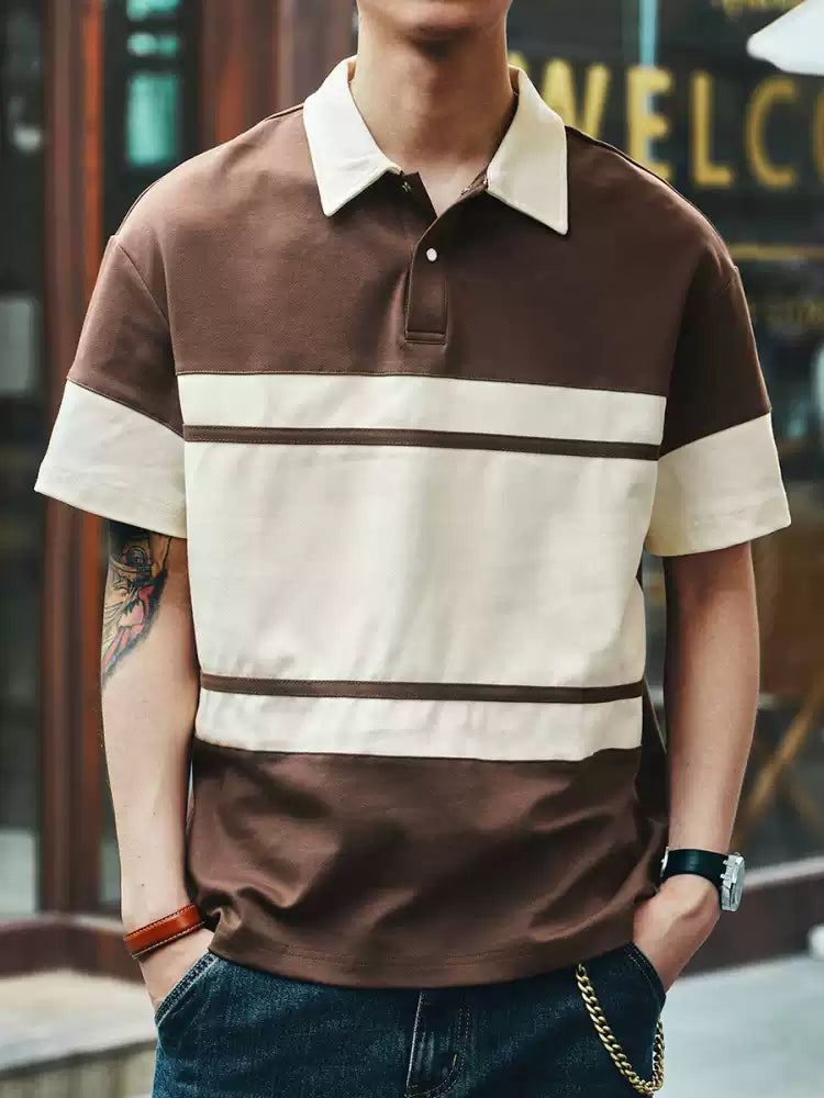Men's Loose Collared Spliced Short Sleeve Polo Shirt