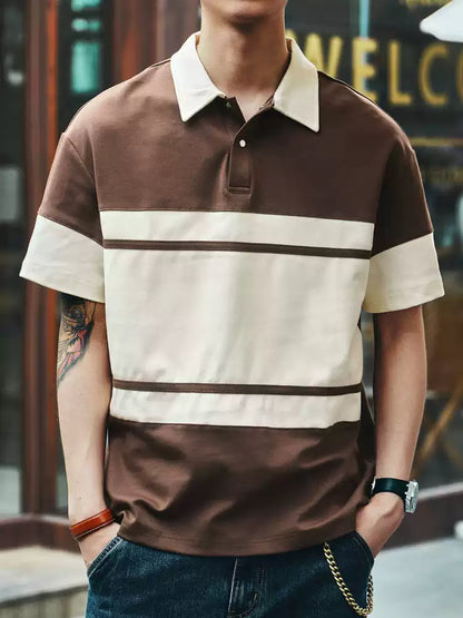 Men's Loose Collared Spliced Short Sleeve Polo Shirt