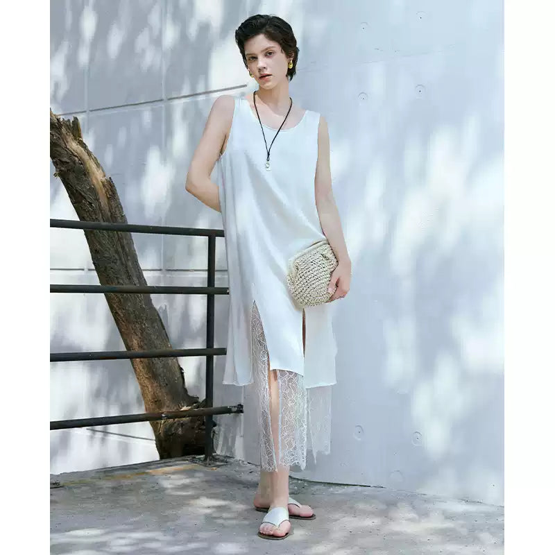U-Neck Lace Panel H-Line Slip Dress