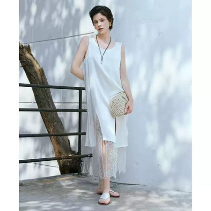 U-Neck Lace Panel H-Line Slip Dress
