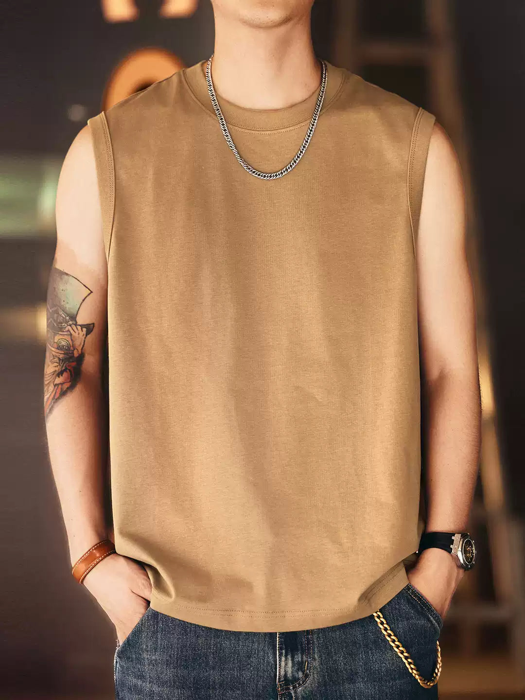 Men's Loose 100% Cotton Crew Neck Tank Top