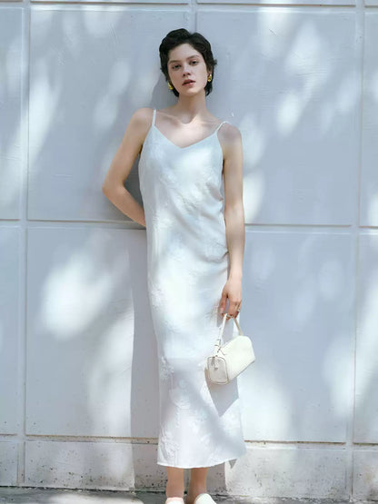 V-Neck Embroidered Acetate Slip Dress