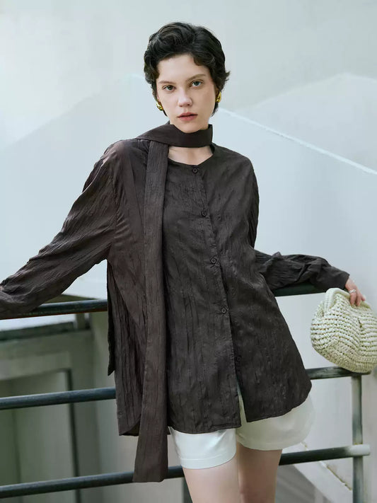 Tie Neck Long Sleeve Acetate Blouse