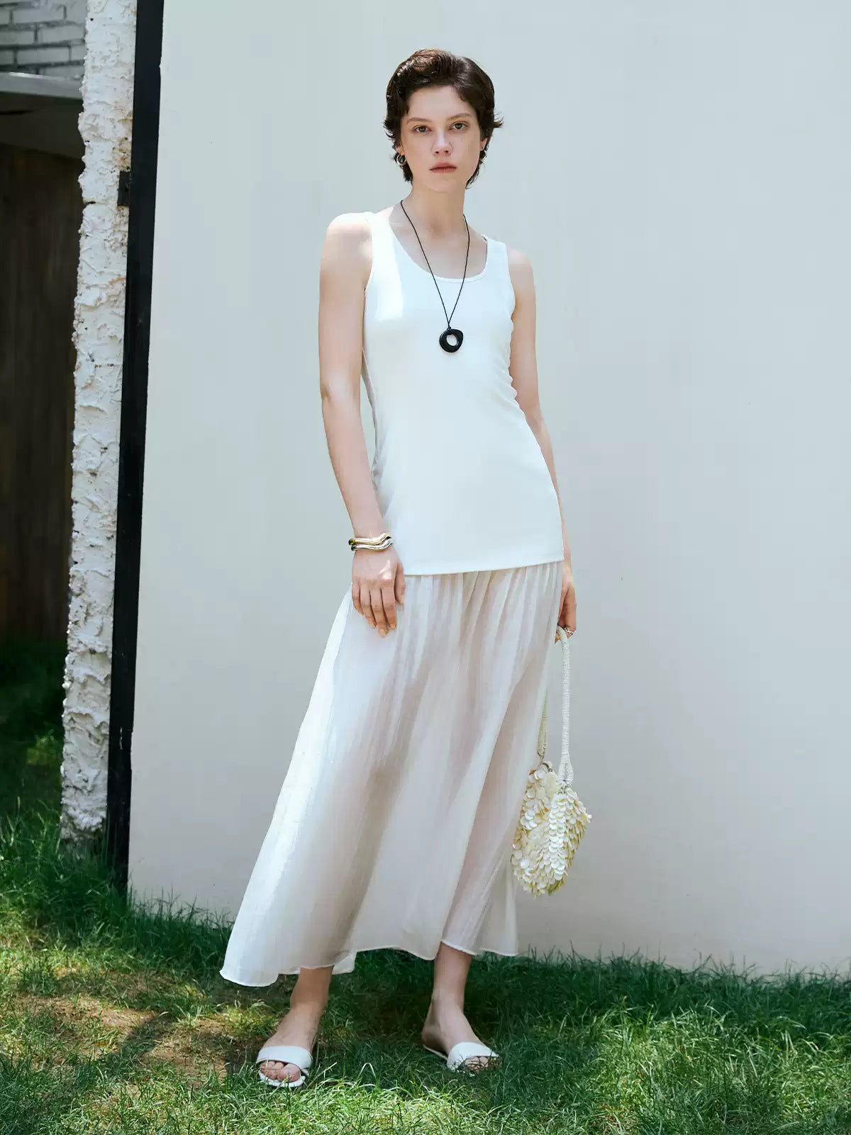 U-Neck Mesh Panel A-Line Slip Dress