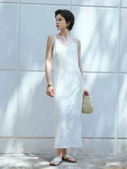 V-Neck Embroidered Acetate Slip Dress