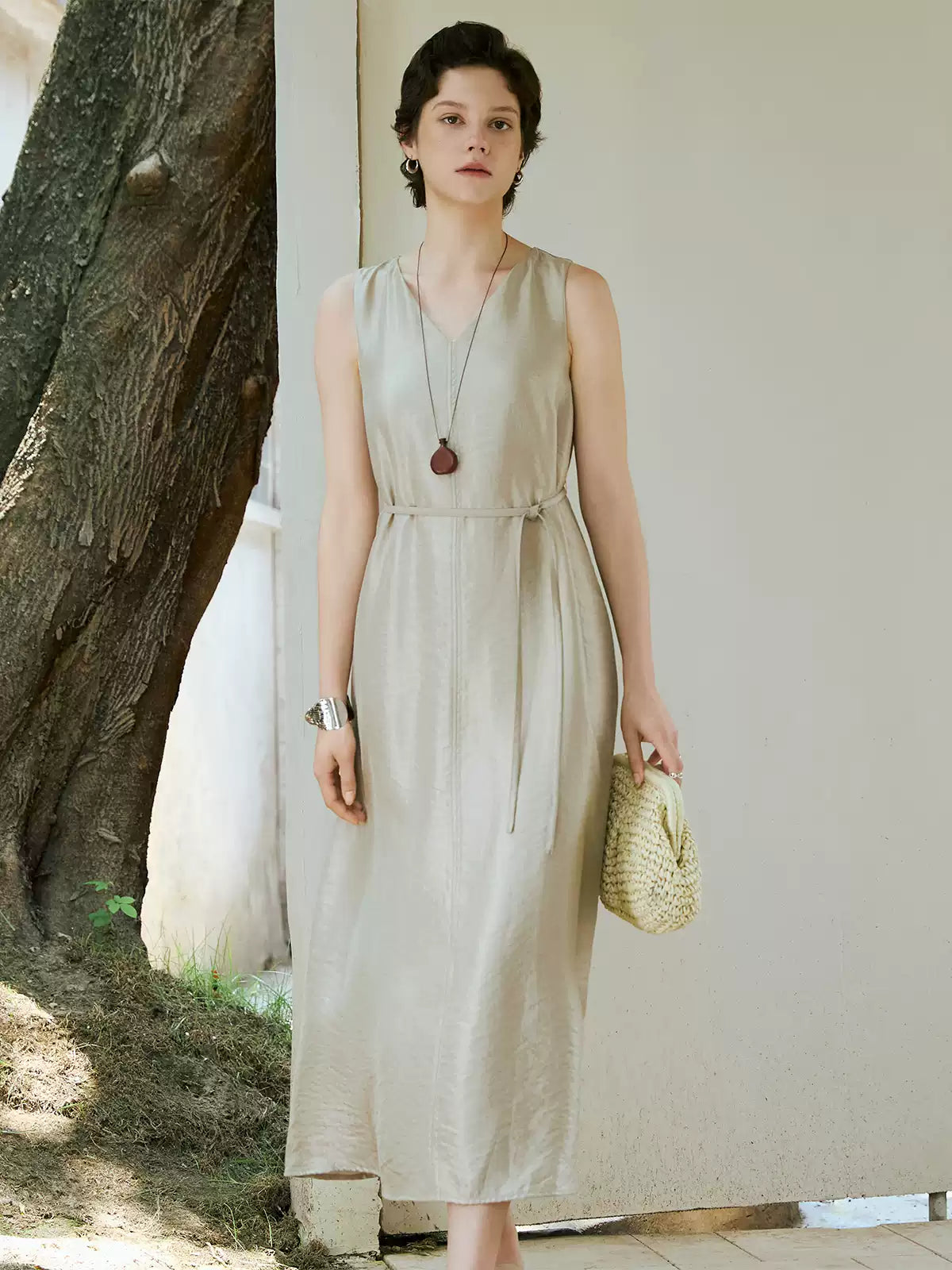 V-Neck Belted A-Line Slip Dress