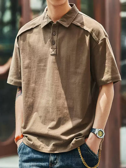Men's Loose Collared Drop Shoulder Cotton Polo Shirt