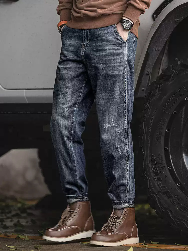 Men's Loose Straight Leg 100% Cotton Vintage Wash Jeans