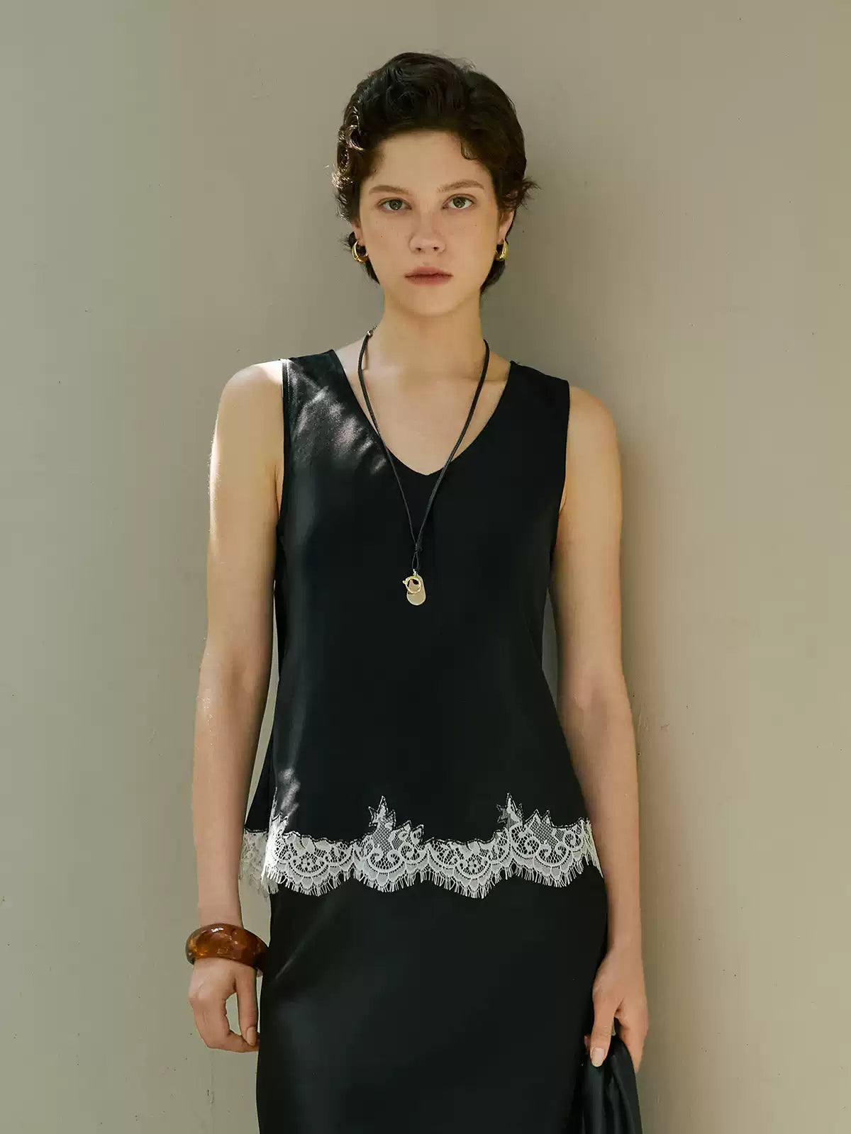 Satin Lace Embroidery V-Neck Acetate Cami