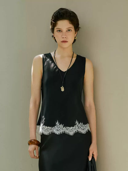 Satin Lace Embroidery V-Neck Acetate Cami
