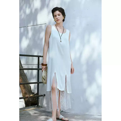 U-Neck Lace Panel H-Line Slip Dress