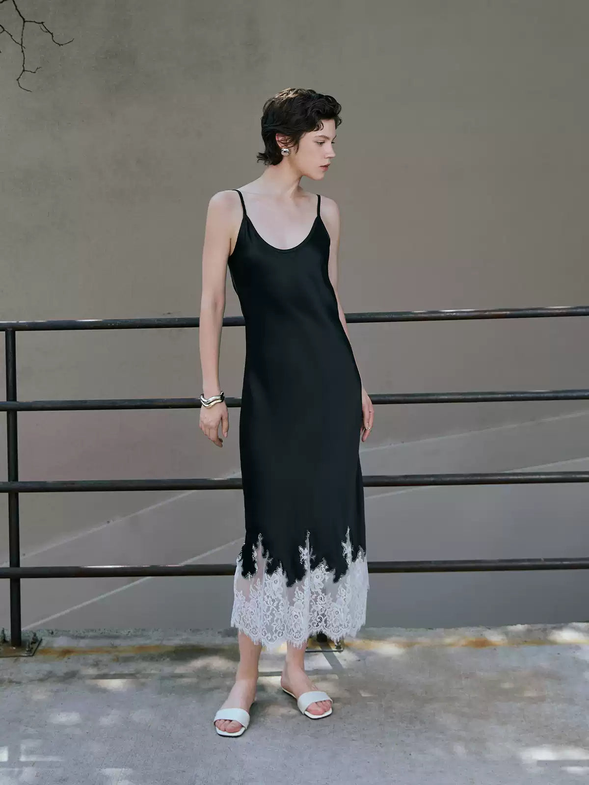 V-Neck Lace Panel Acetate Midi Dress