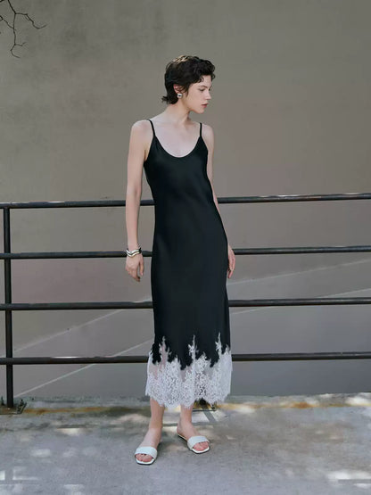 V-Neck Lace Panel Acetate Midi Dress