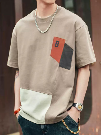 Men's Loose Color Block 100% Cotton Crew Neck T-Shirt