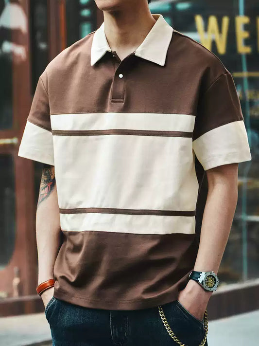 Men's Loose Collared Spliced Short Sleeve Polo Shirt