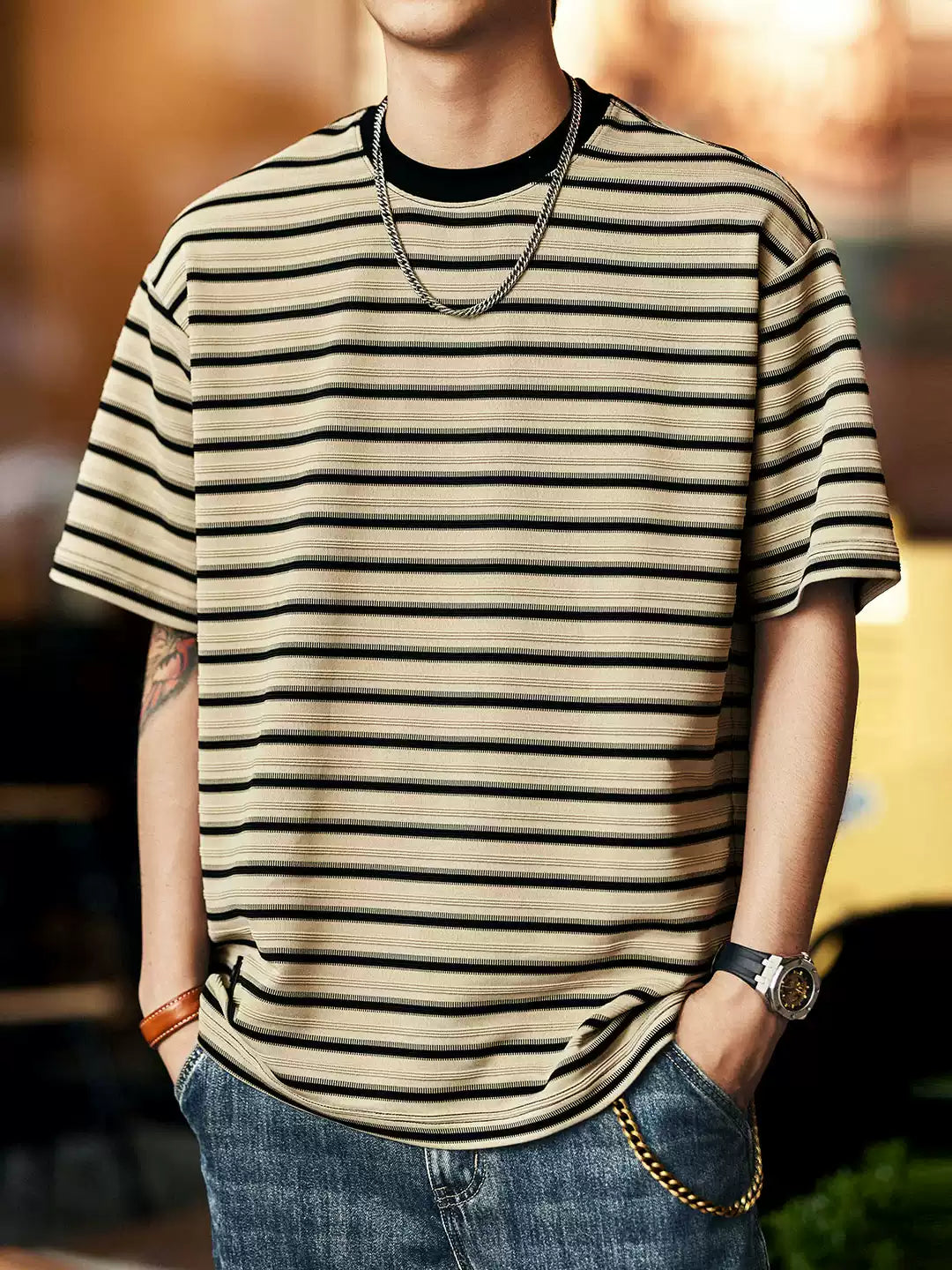 Men's Striped Crew Neck Loose Drop Shoulder T-Shirt