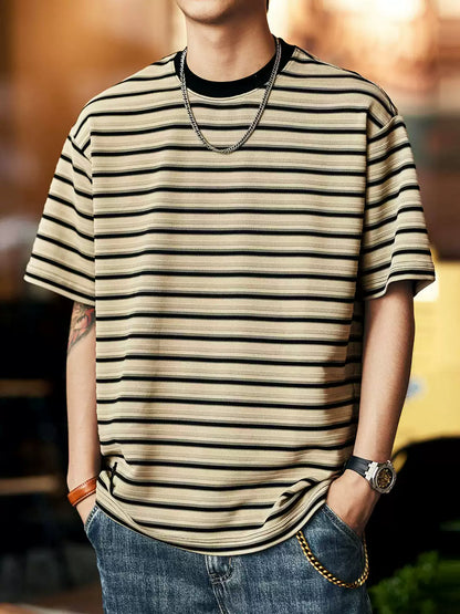 Men's Striped Crew Neck Loose Drop Shoulder T-Shirt