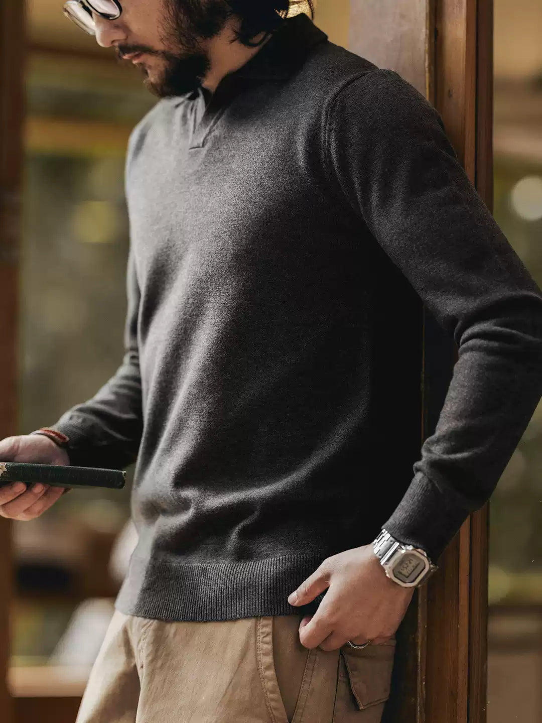 Men's Loose Notch Collar Long Sleeve Knit Sweater
