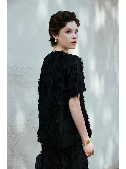 3D Floral Silk Short Sleeve Blouse