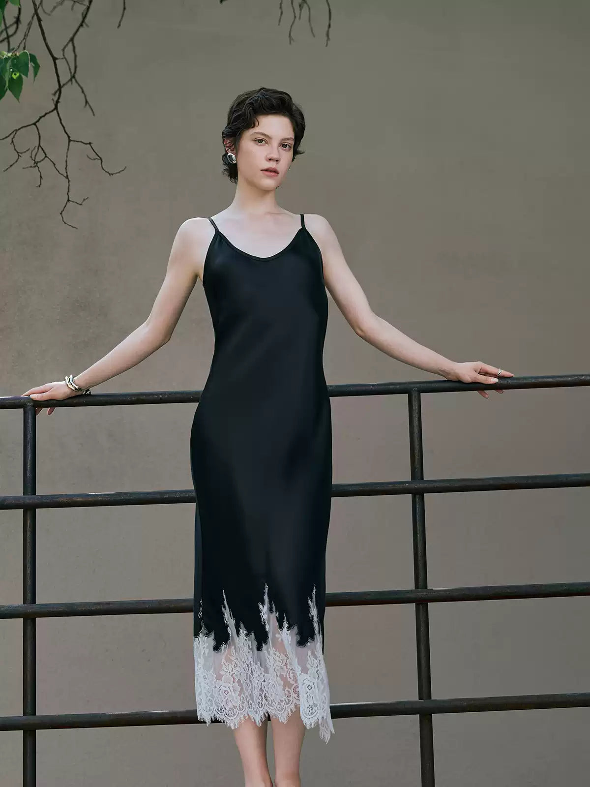 V-Neck Lace Panel Acetate Midi Dress