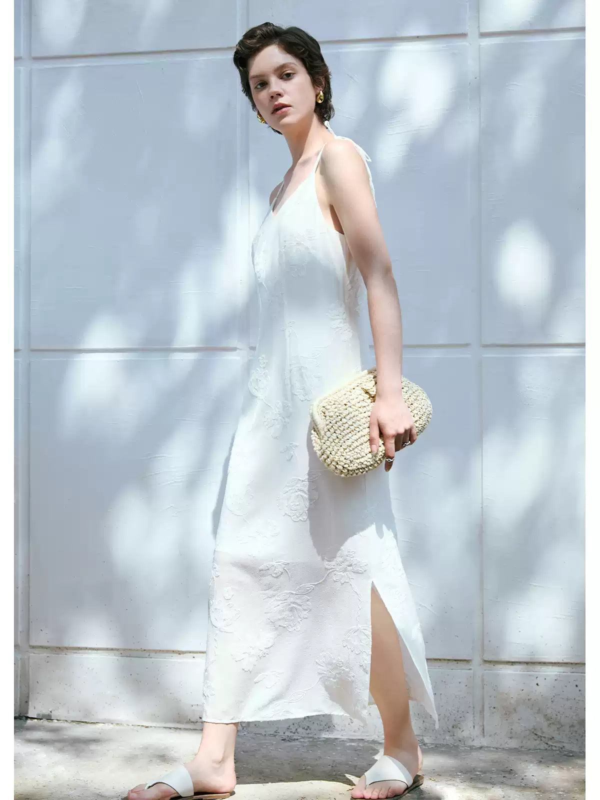 V-Neck Embroidered Acetate Slip Dress