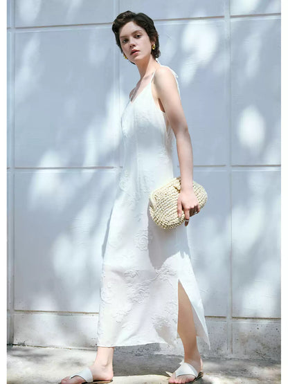 V-Neck Embroidered Acetate Slip Dress
