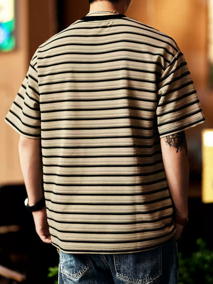 Men's Striped Crew Neck Loose Drop Shoulder T-Shirt