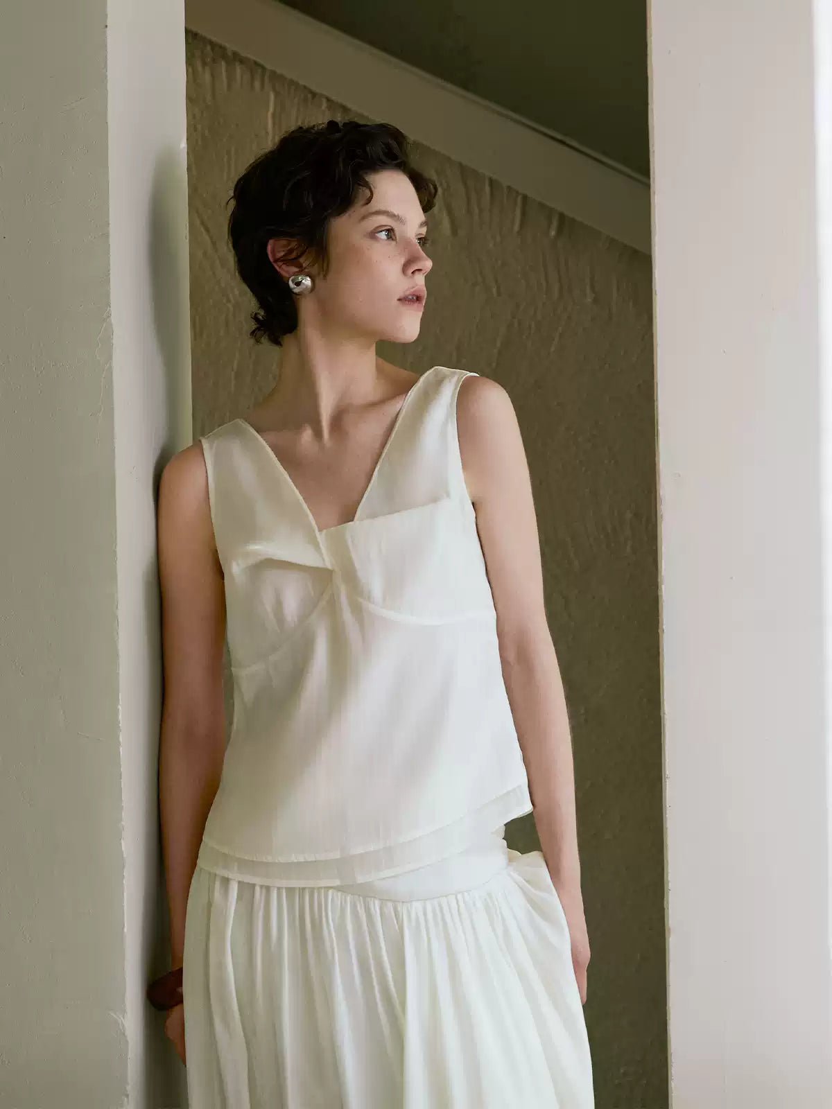 Solid Silk Tencel V-Neck Cami Top
