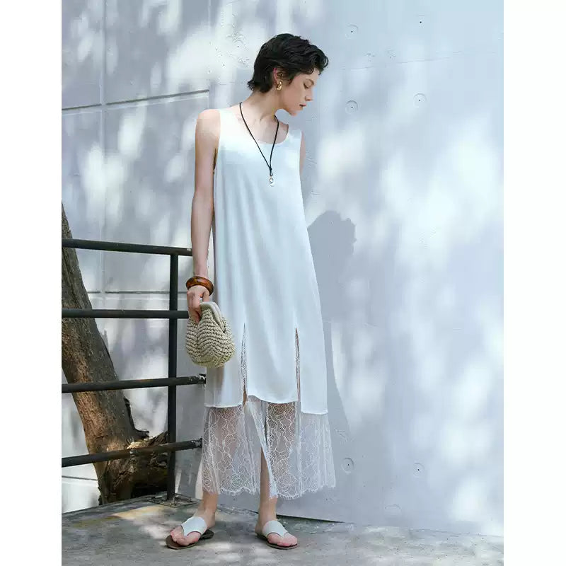 U-Neck Lace Panel H-Line Slip Dress