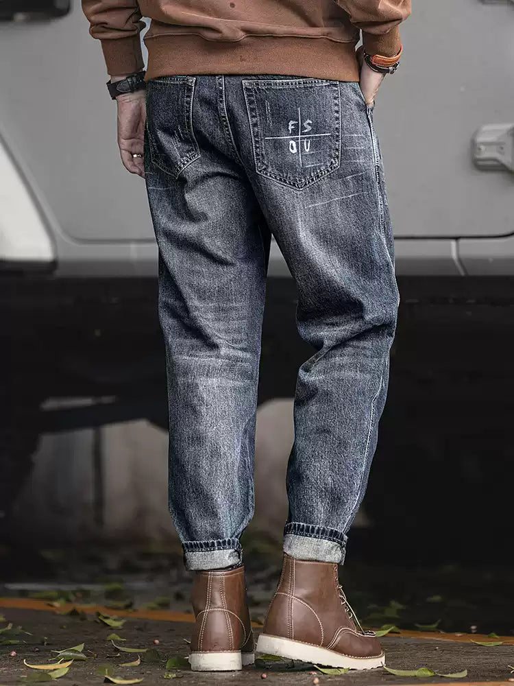 Men's Loose Straight Leg 100% Cotton Vintage Wash Jeans