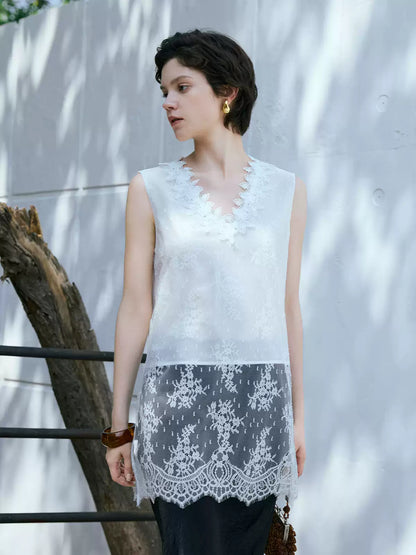V-Neck Lace Embroidery Acetate Cami