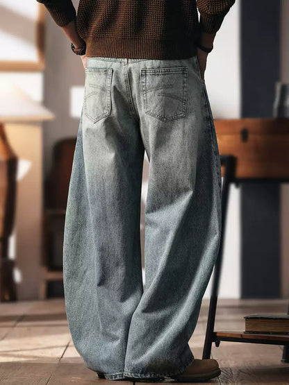 Men's Loose Straight Leg Non-Stretch Washed Denim Jeans