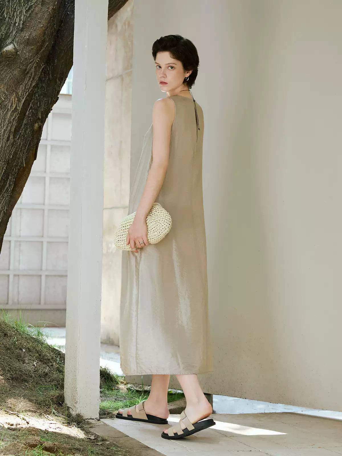 V-Neck Belted A-Line Slip Dress