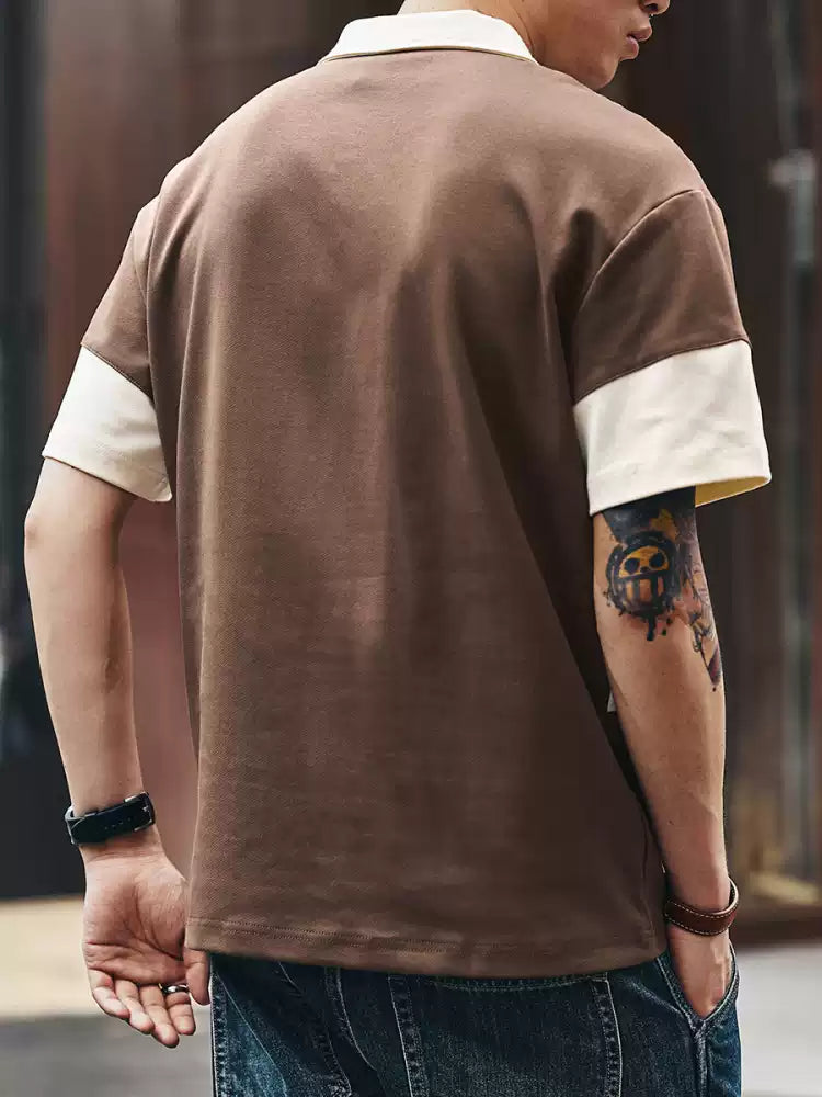 Men's Loose Collared Spliced Short Sleeve Polo Shirt