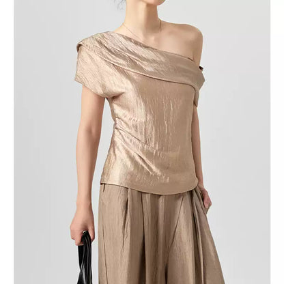 Asymmetric Off Shoulder Acetate Crop Top