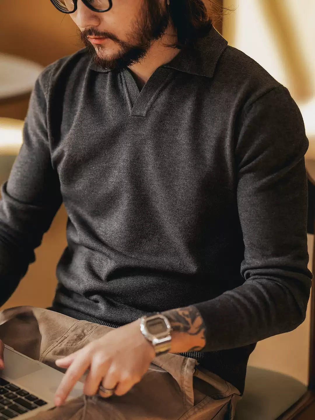 Men's Loose Notch Collar Long Sleeve Knit Sweater