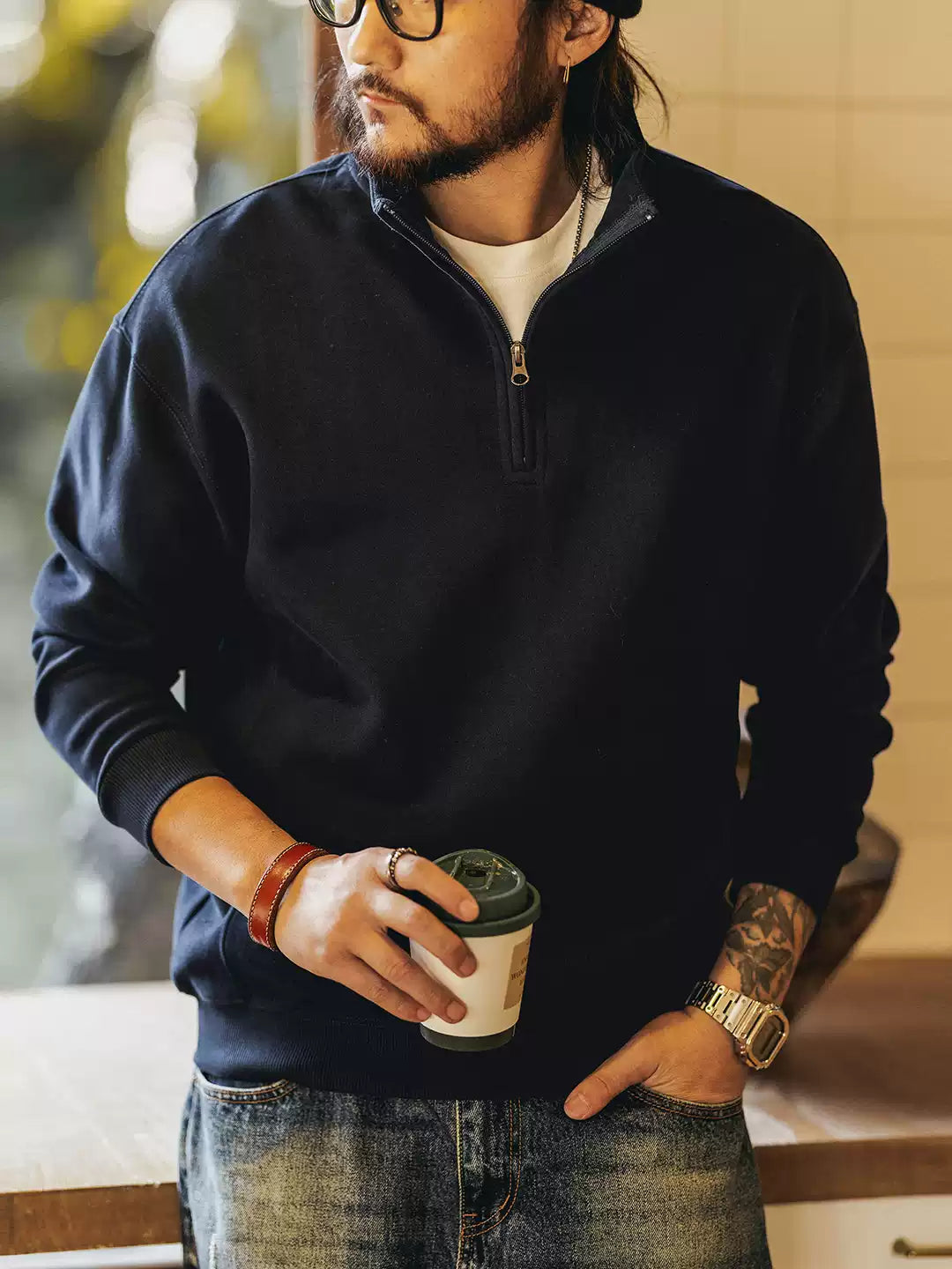 Men's Loose Half-Zip Stand Collar Long Sleeve Sweatshirt