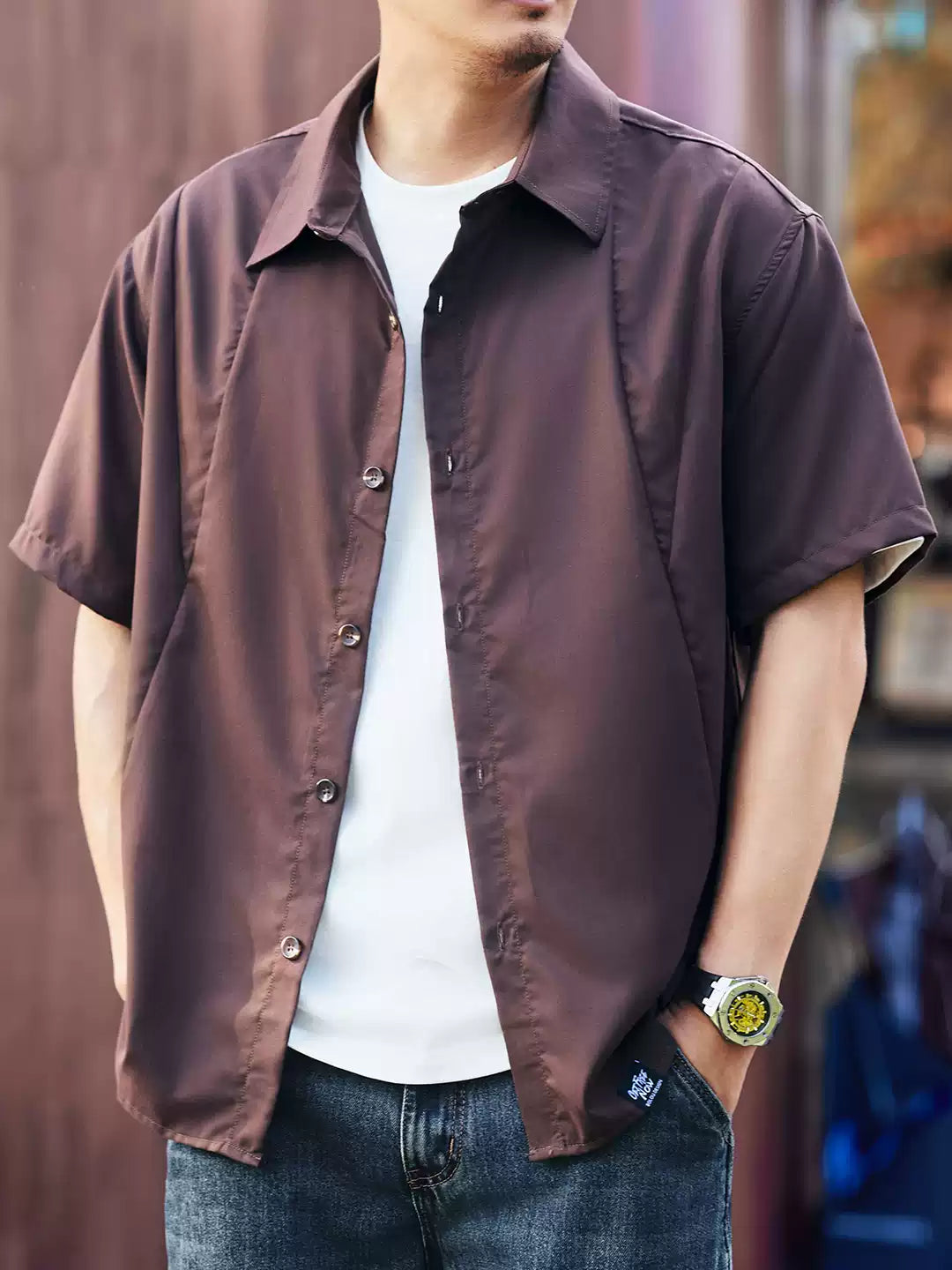 Men's Loose Modal Blend Collared Short Sleeve Shirt