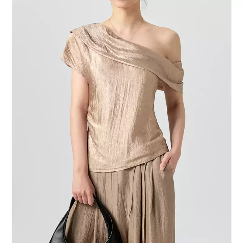 Asymmetric Off Shoulder Acetate Crop Top