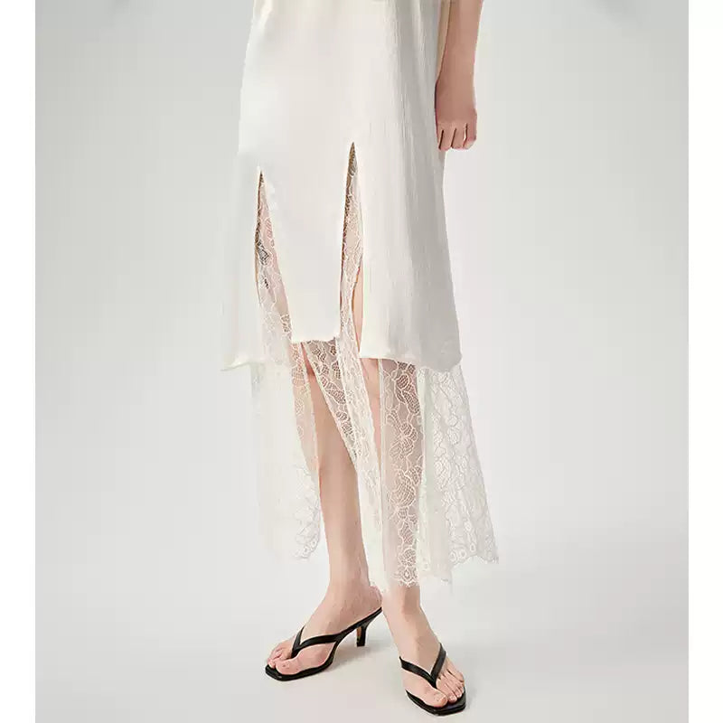 U-Neck Lace Panel H-Line Slip Dress